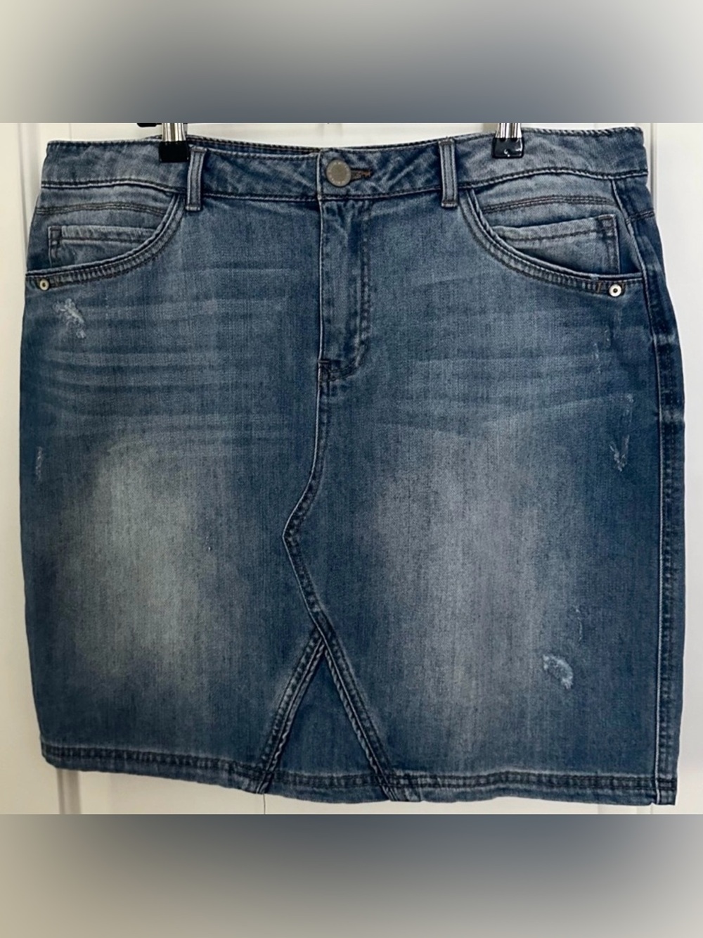 Wit & Wisdom Denim Mini Skirt Size 12 Distressed Blue Jean Skirt Raw Hem